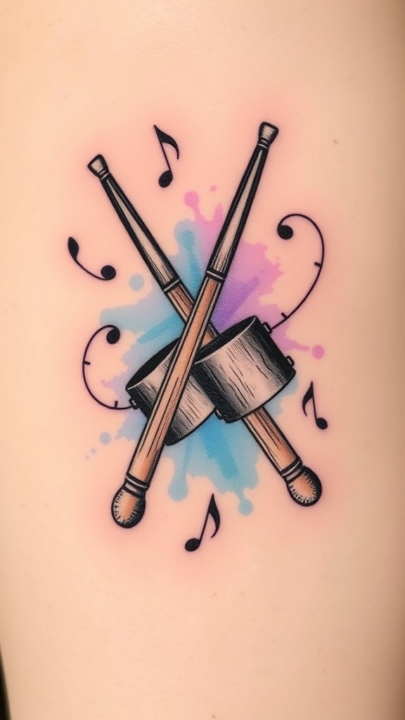 Tattoo design of crossed drumsticks with musical notes and watercolor splash.